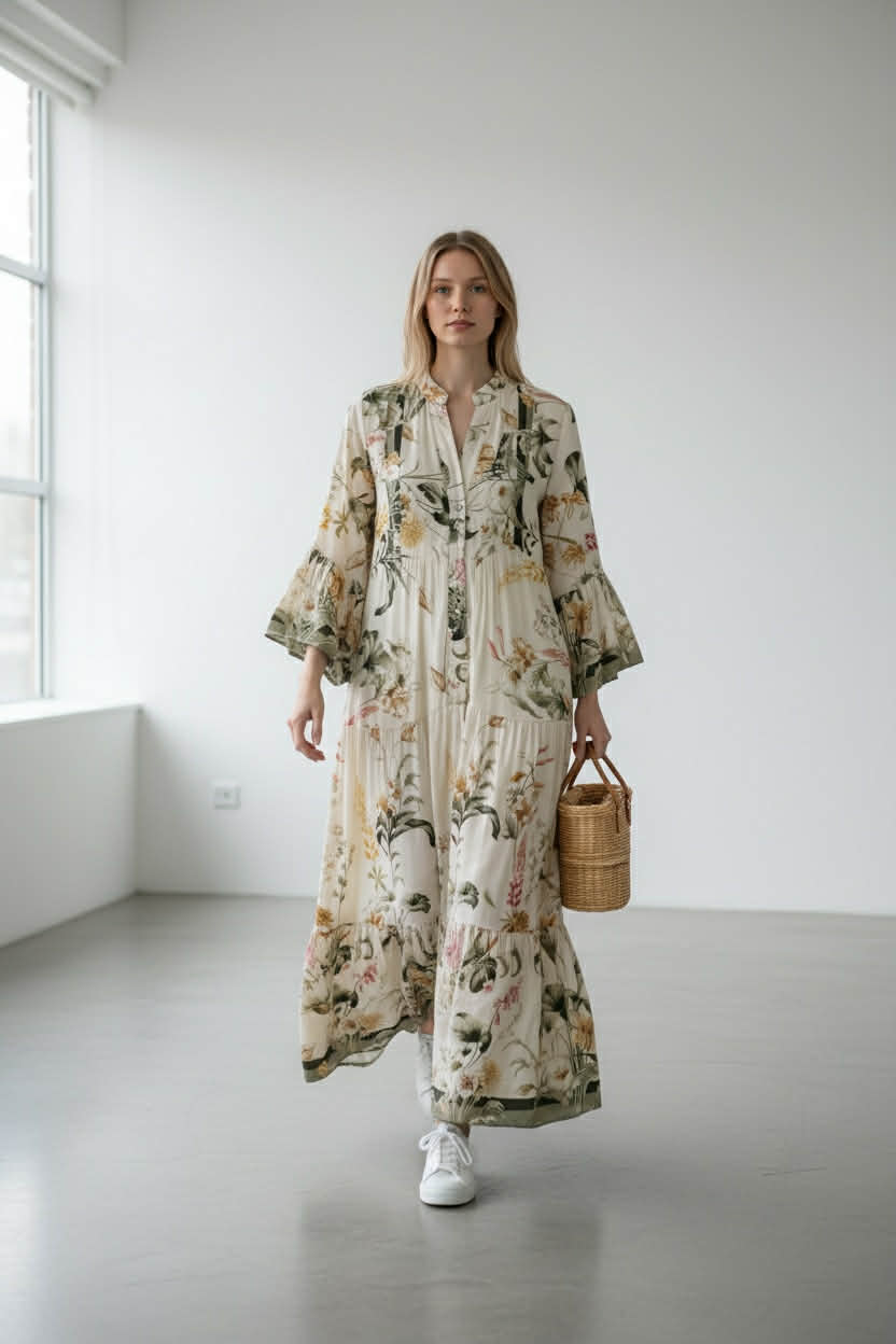 Blommig Maxiklänning Beige - Viskos