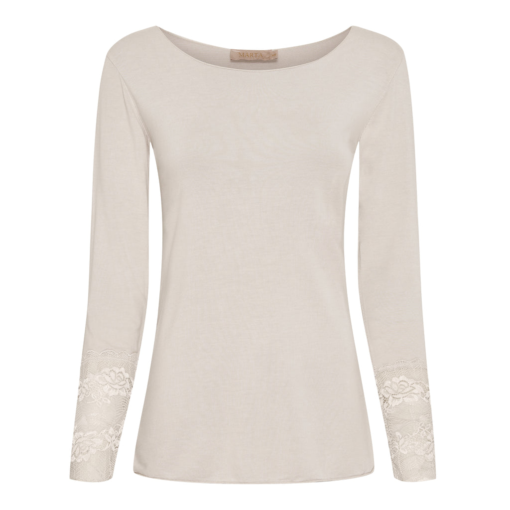 Långärmad T-shirt med Spets - Beige Viskos