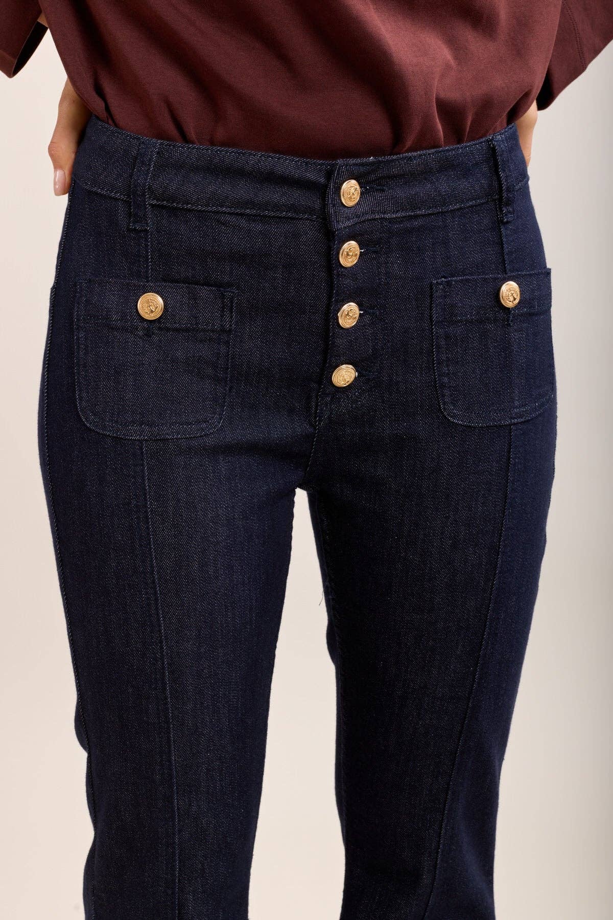 Toxik3 jeans med utsvängda ben och gyllene knappar: Bleu jean brut / 42