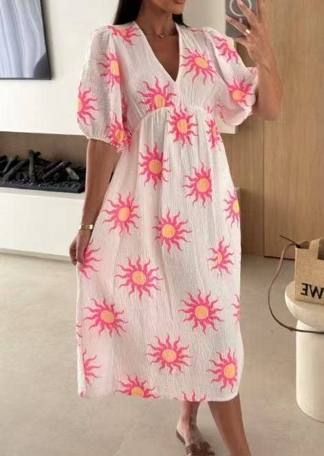 Lång klänning med tryck i bomull - vit sol