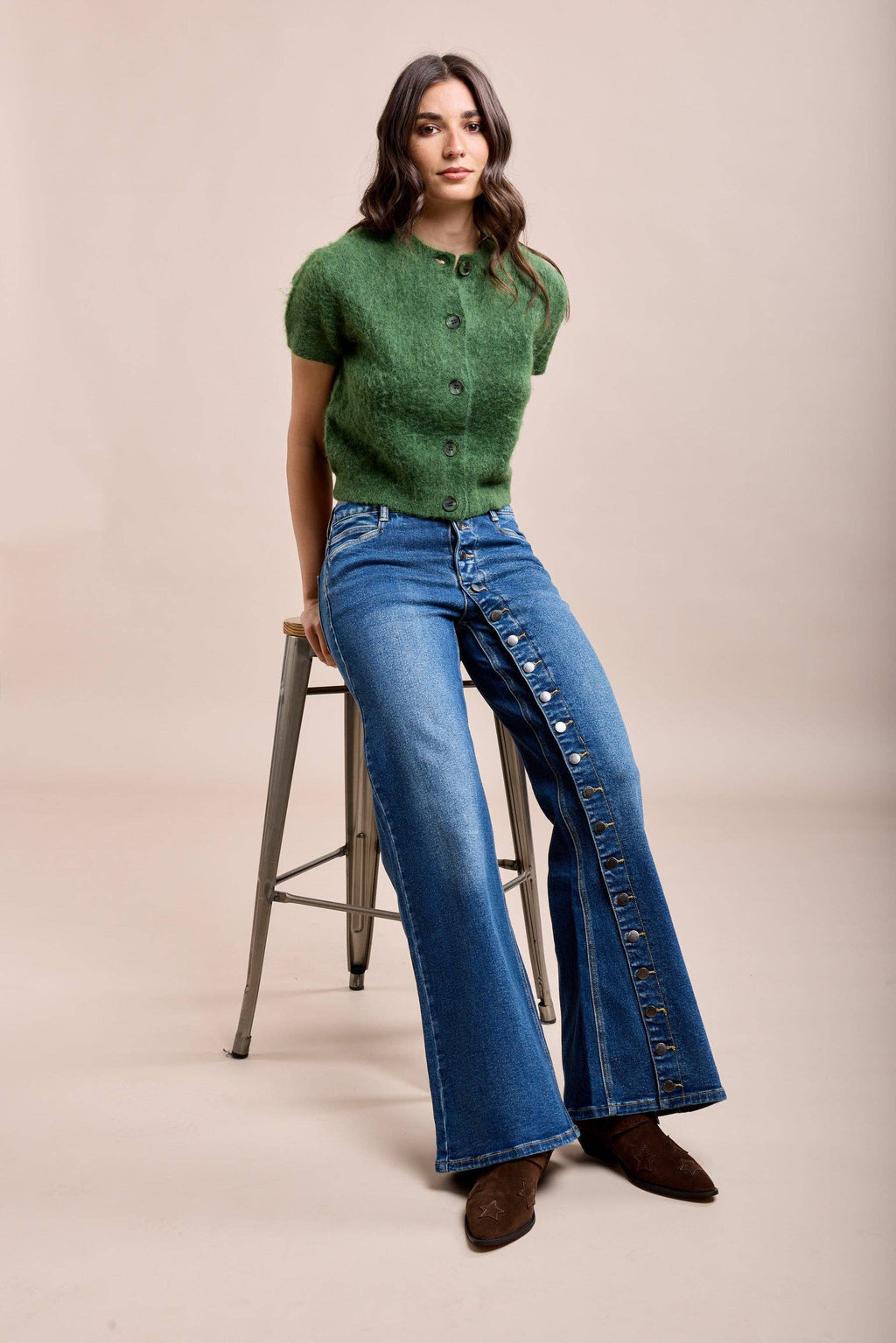 Toxik3 stretchjeans med vida ben och knappdetaljer: Bleu jean / 42