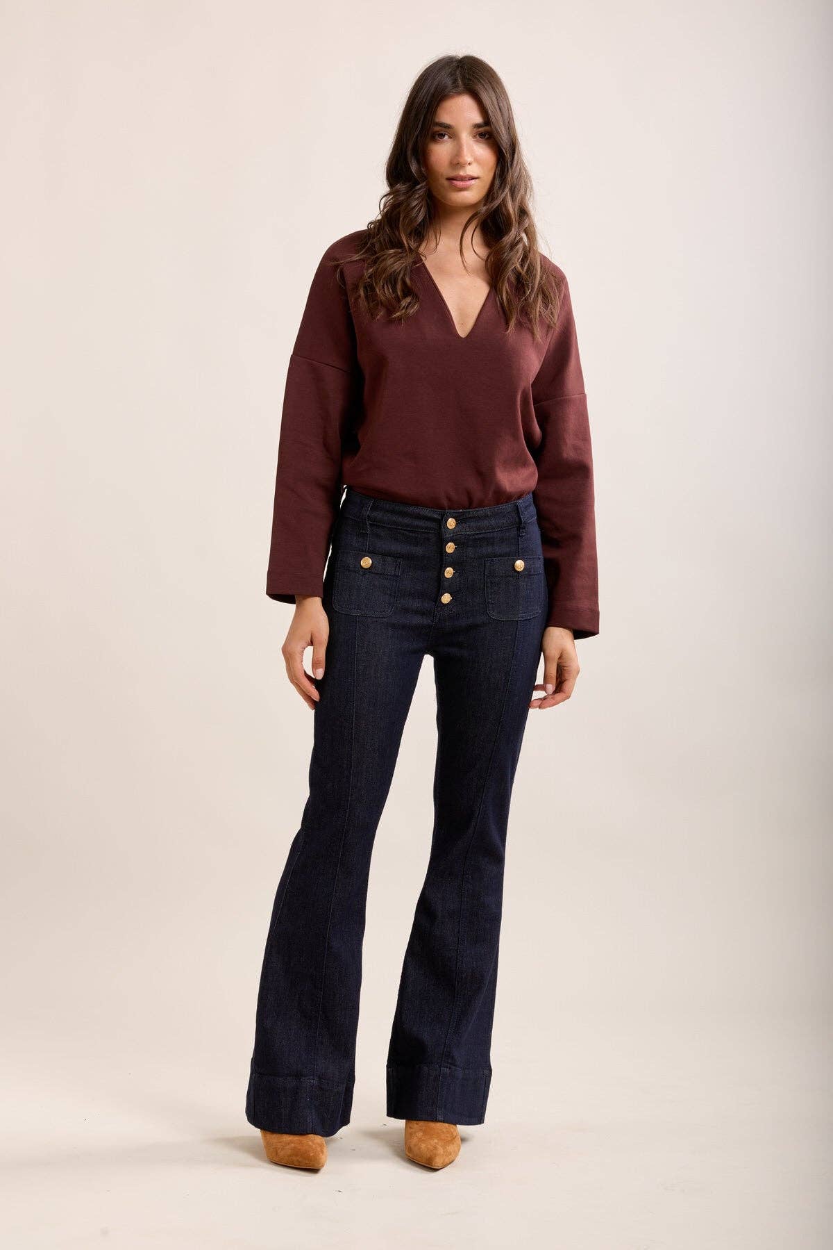 Toxik3 Flare Jeans med Guldknappar - Blå Denim