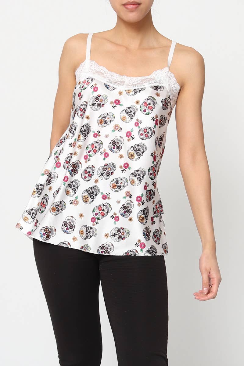 Tryckt linne med döskallar- vit