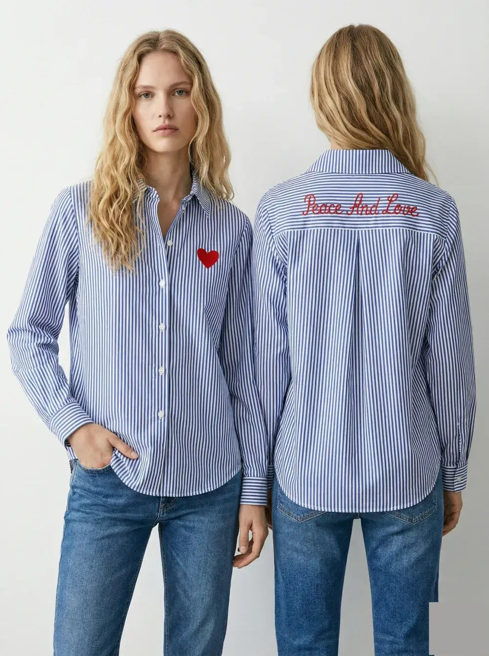 Randig Skjorta Peace And Love - Blå/Vit med Hjärtbroderi