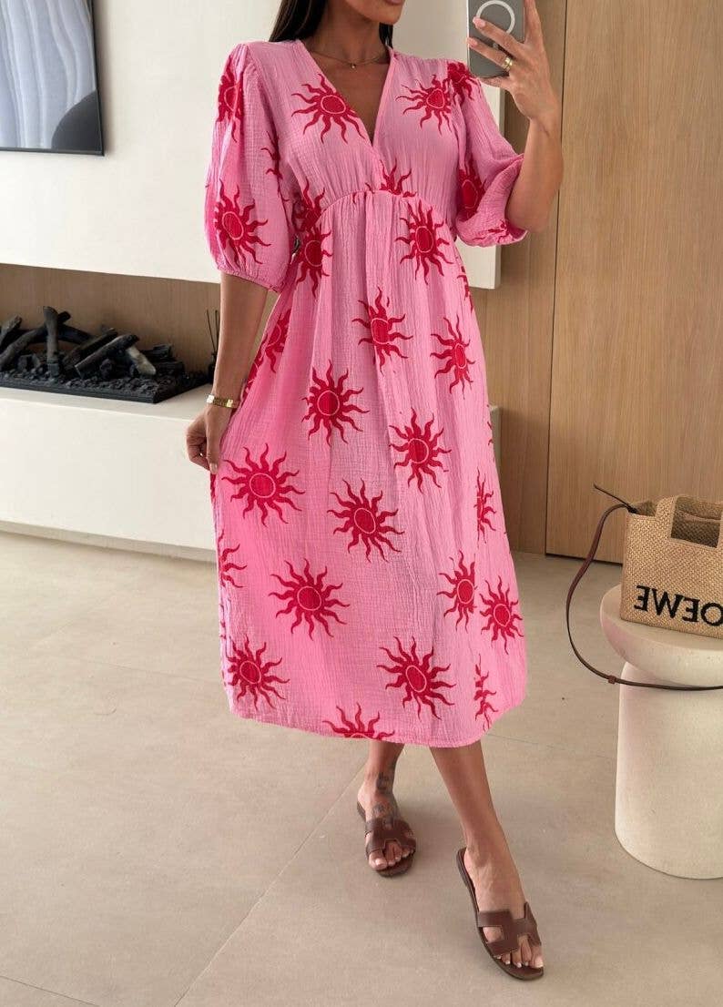 Lång klänning med tryck i bomull Rosa -Sol