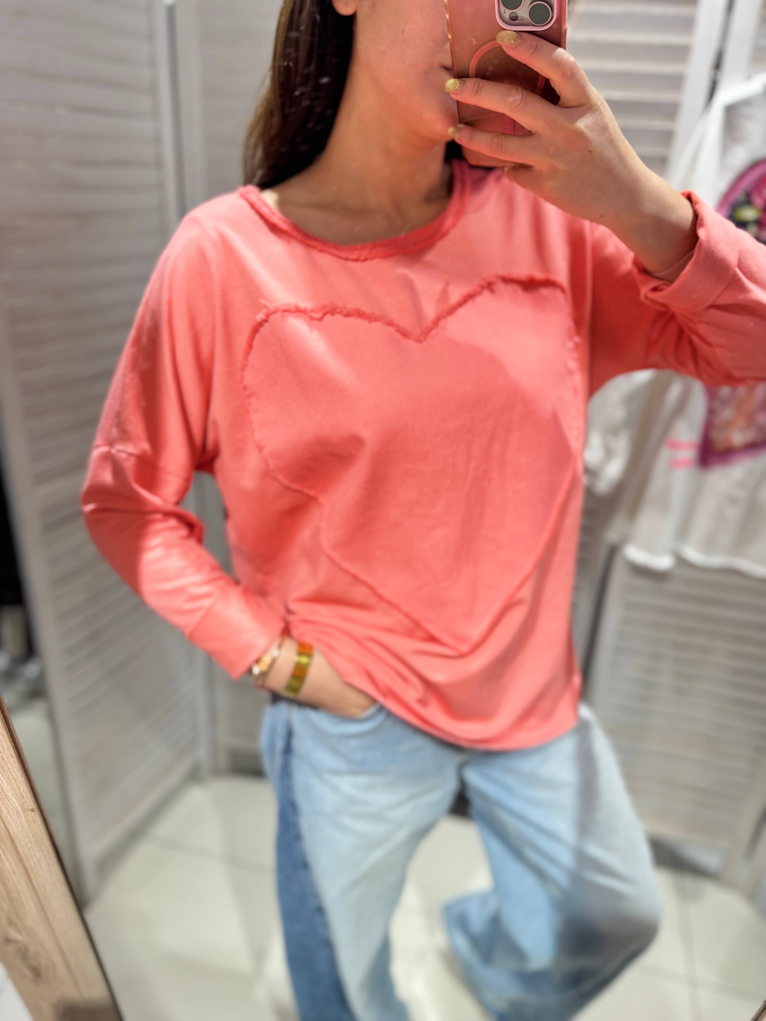 Långärmad Tröja med Mjukt Hjärtmotiv - Korall