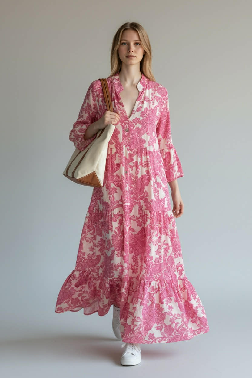 Rosa Blommig Maxiklänning Boho - Viskos Onesize