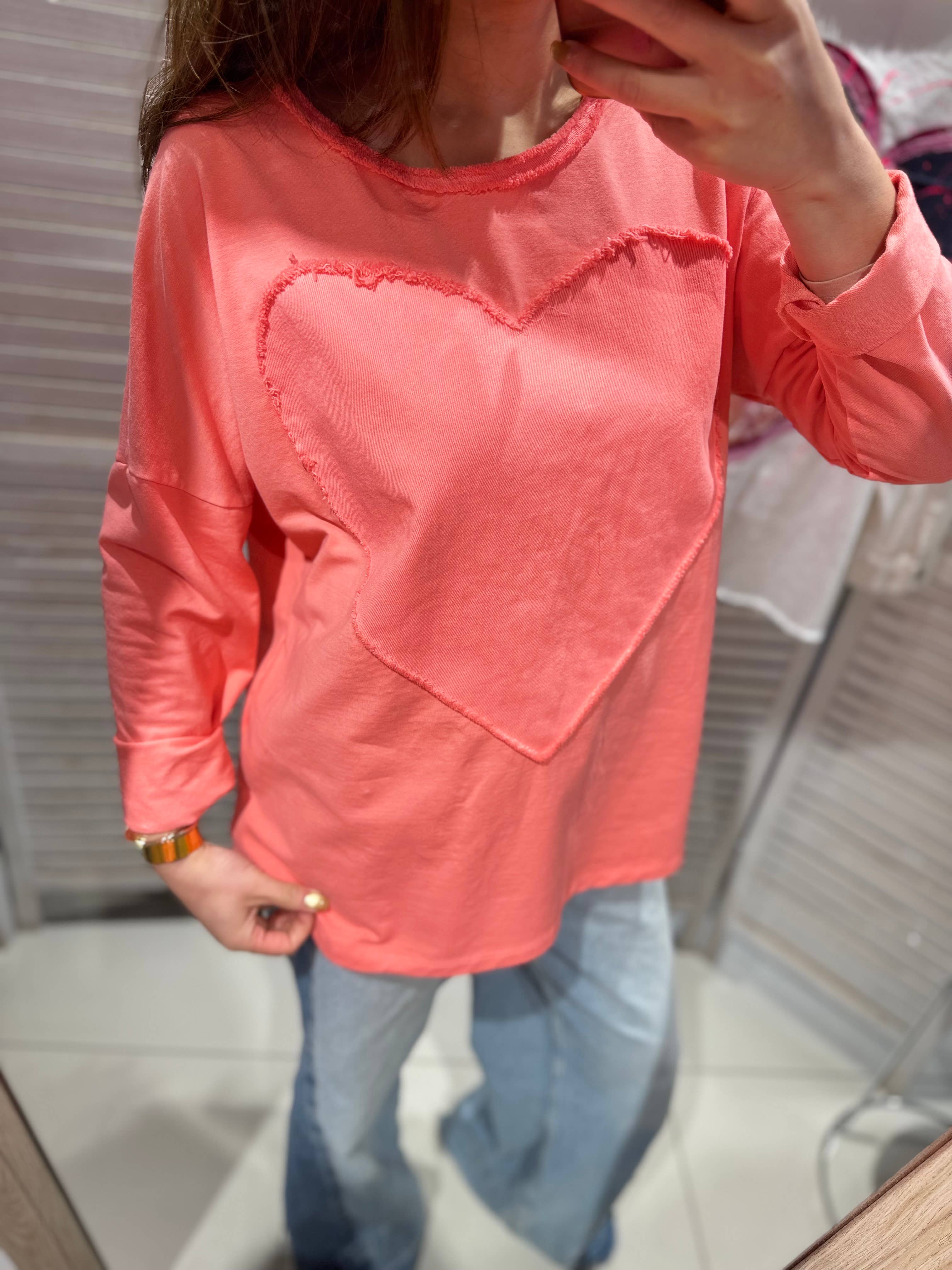 Långärmad Tröja med Mjukt Hjärtmotiv - Korall