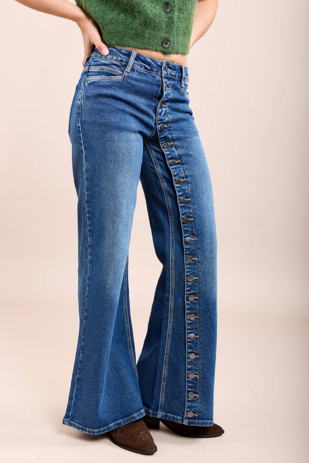 Toxik3 stretchjeans med vida ben och knappdetaljer: Bleu jean / 40