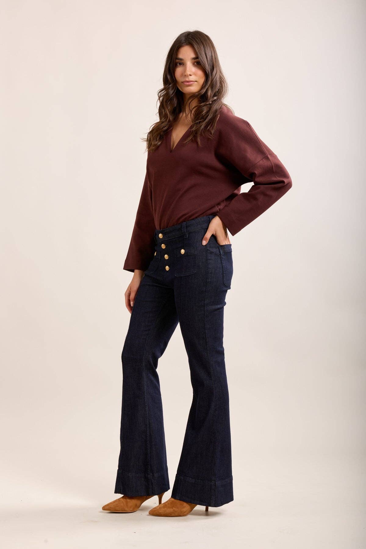 Toxik3 jeans med utsvängda ben och gyllene knappar: Bleu jean brut / 42