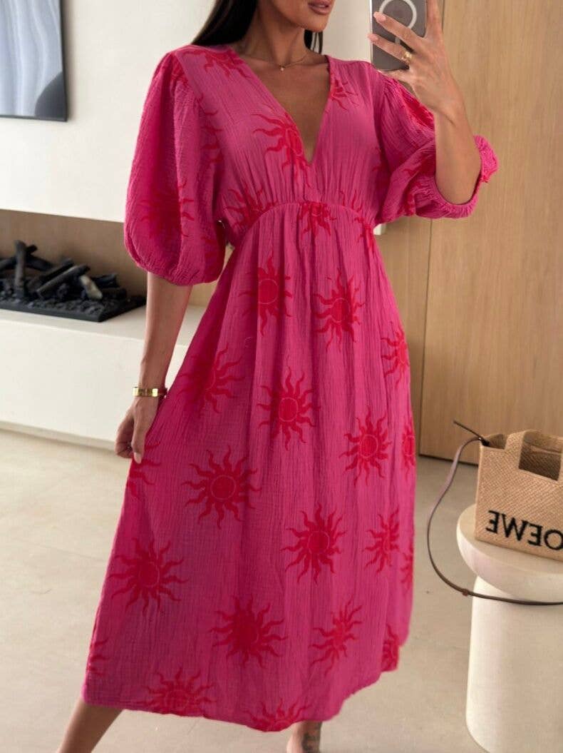 Lång klänning med tryck i bomull Rosa -Sol