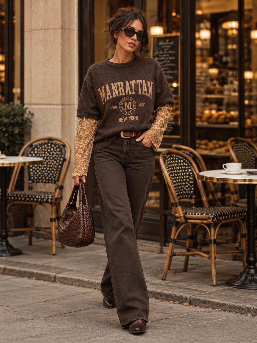 Manhattan Stickad Tröja i Brun – Oversized med Manhattan-tryck | BohoBeauty