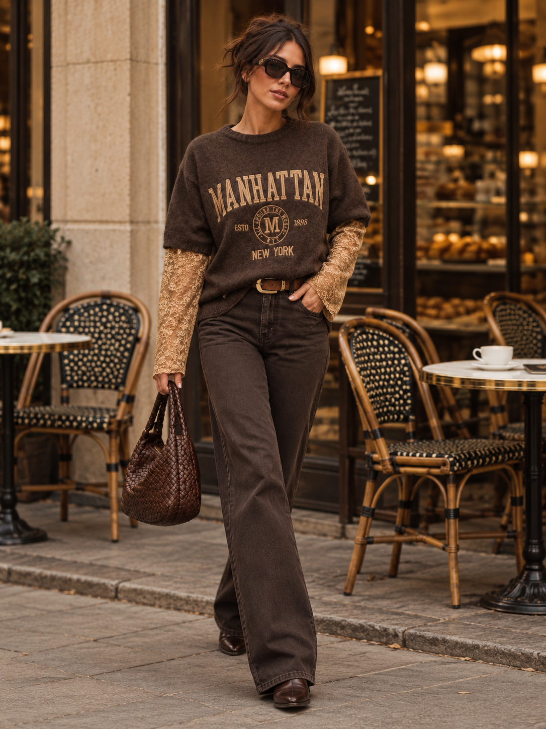 Manhattan Stickad Tröja i Brun – Oversized med Manhattan-tryck | BohoBeauty