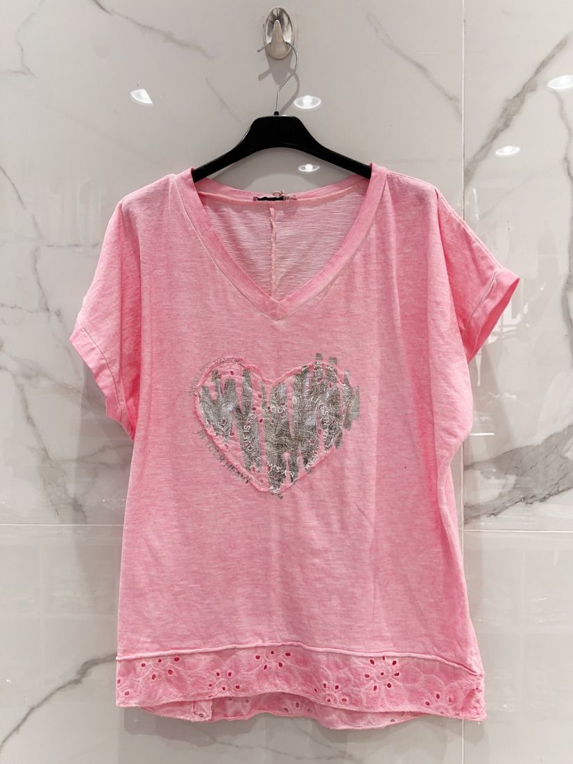 Rosa Heart T-shirt med Silvertryck & Spetskant