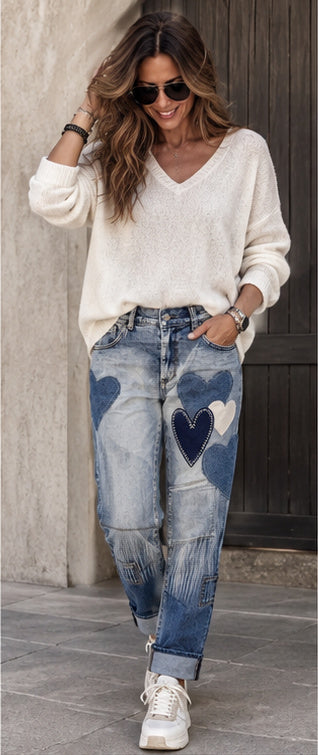 Love Patch – Blå stretchjeans med hjärtan | BohoBeauty