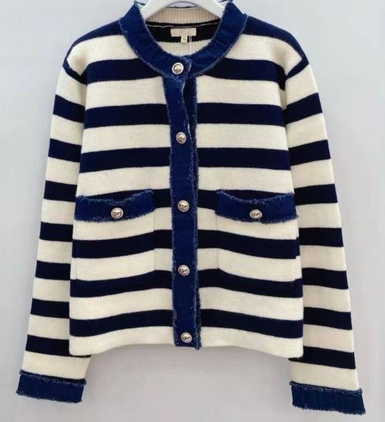 Stickad Cardigan Randig med Jeansdetaljer - Onesize