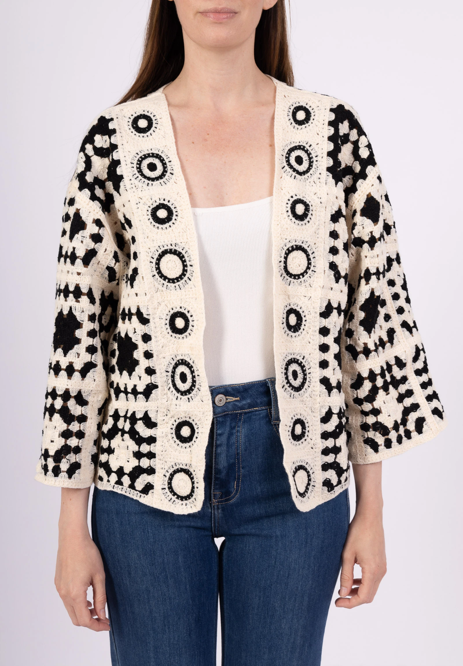 Grannysquare kofta svart - ecru