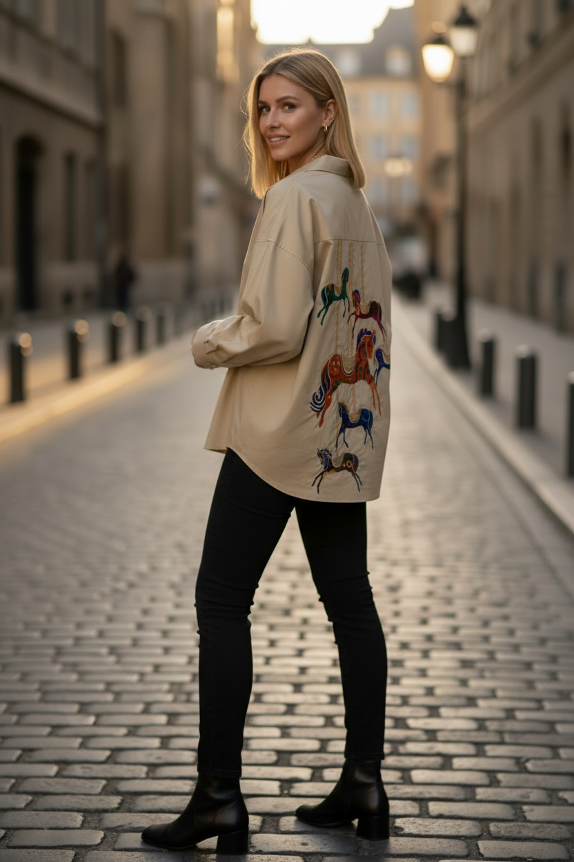 Beige karusell svarta jeans