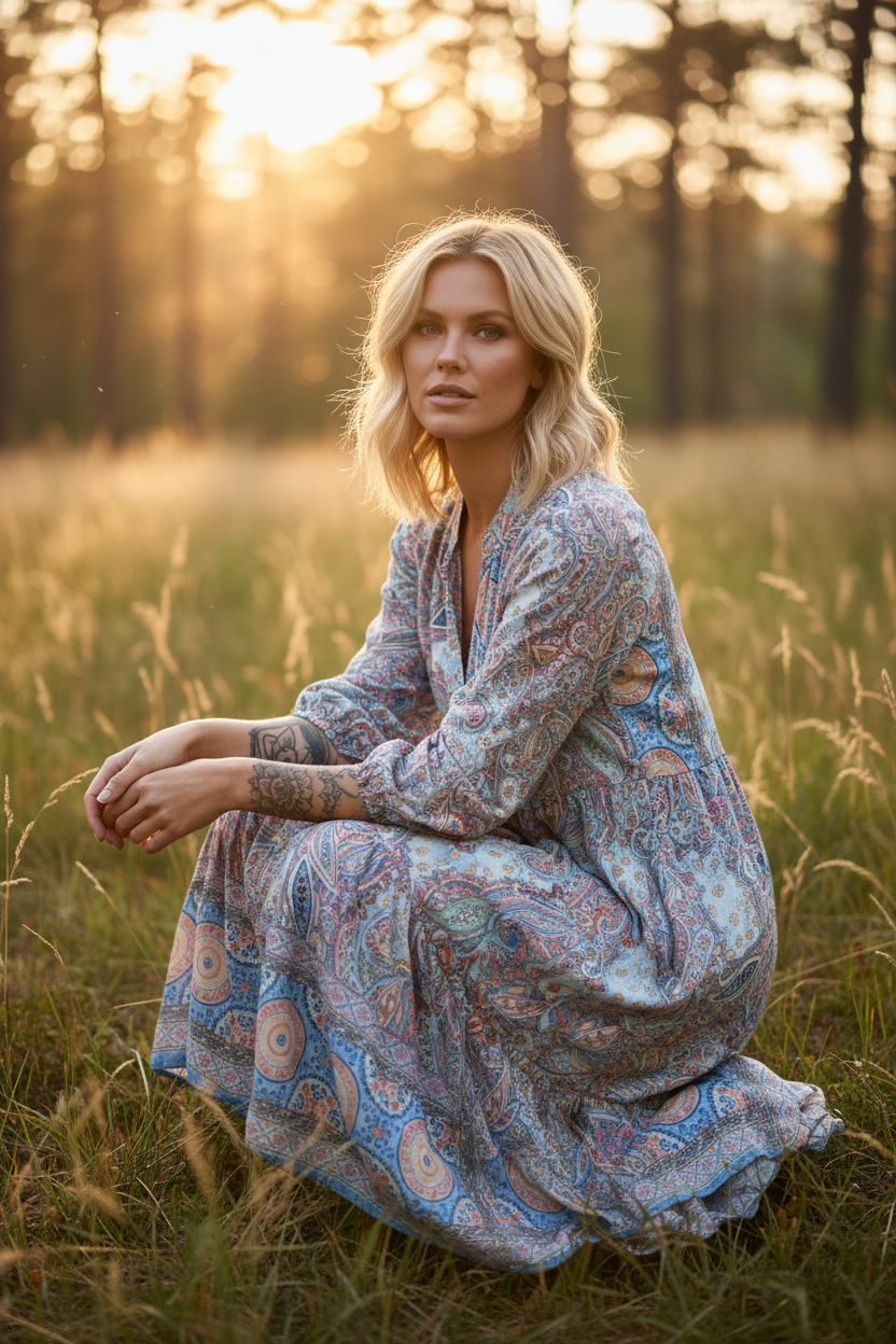 Blå boho klänning i naturen