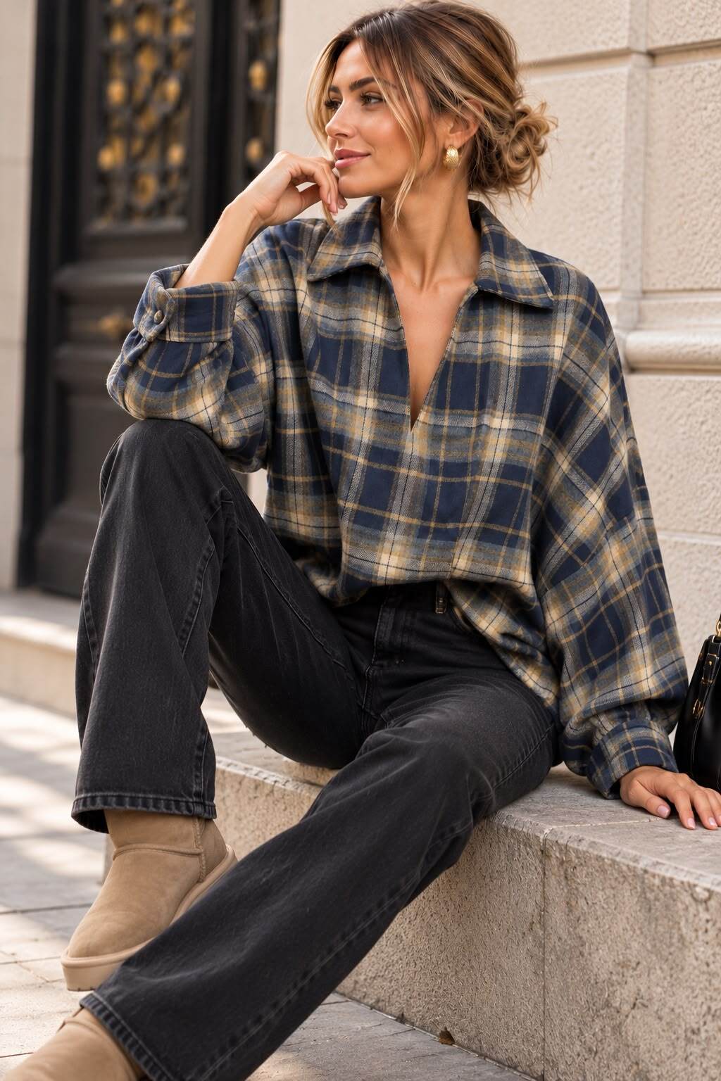 Rutig oversized blus med V-ringning | BohoBeauty