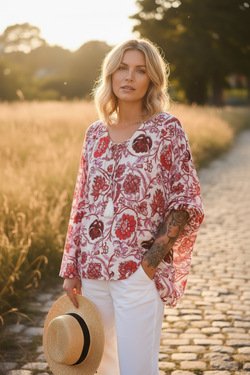 Blus med vita jeans