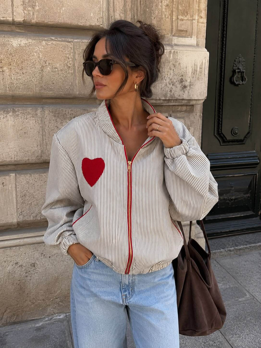 Randig Bomberjacka med Hjärta – Oversized Casual Chic