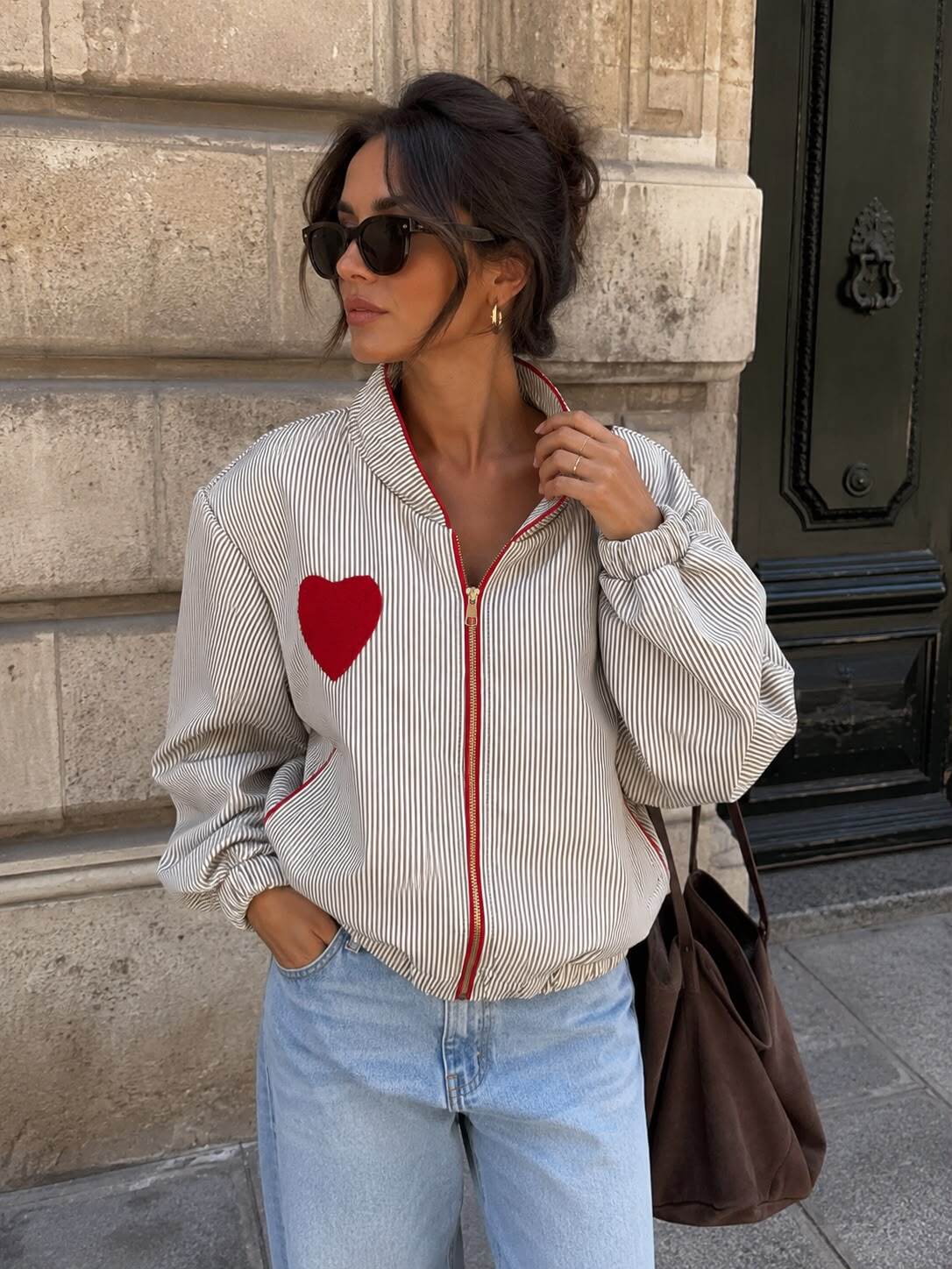 Randig Bomberjacka med Hjärta – Oversized Casual Chic