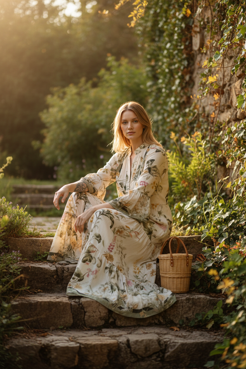 Botanical Maxi Dress Garden Steps