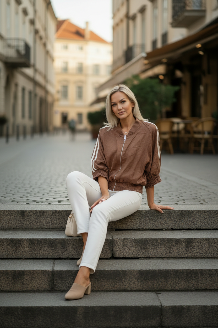 Brun jacka sittande