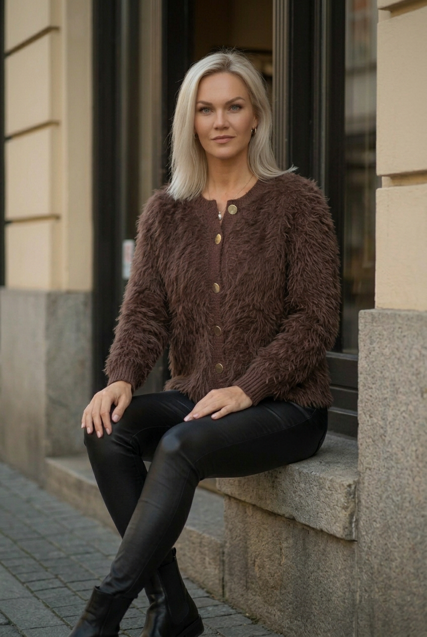 Brun kofta, sittande pose
