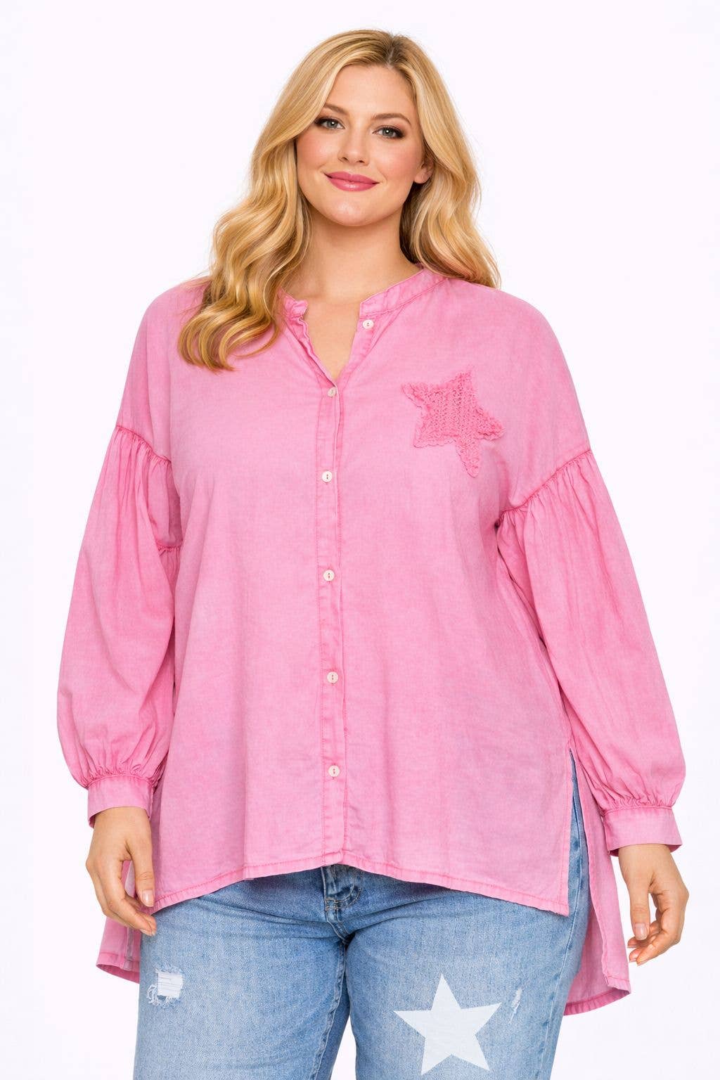 Asymmetrisk Bomullsblus med Virkad Stjärna - Rosa Oversize