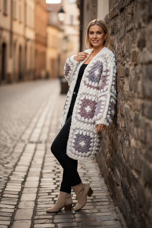 Crochet cardigan med svarta jeans - look 2