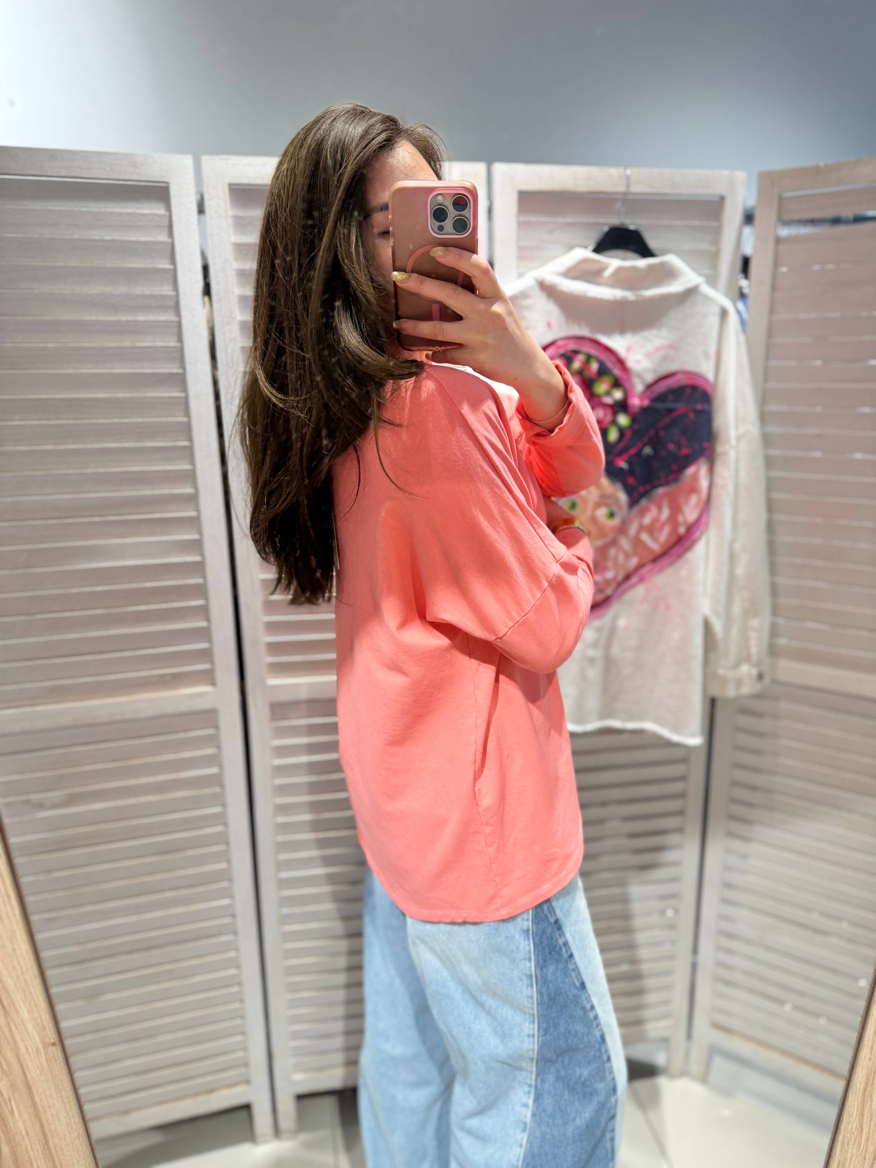 Långärmad Tröja med Mjukt Hjärtmotiv - Korall