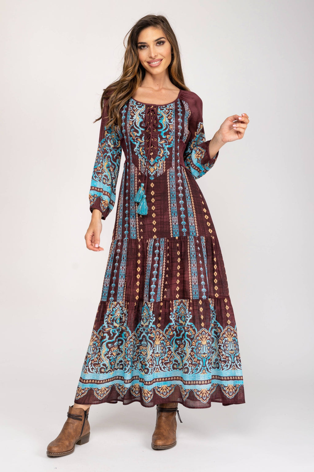 Countryklänning brun-turkos