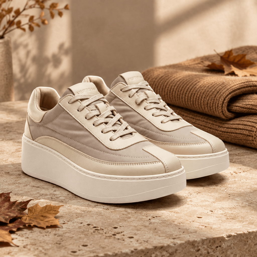 Editorial produktbild med varm beige styling