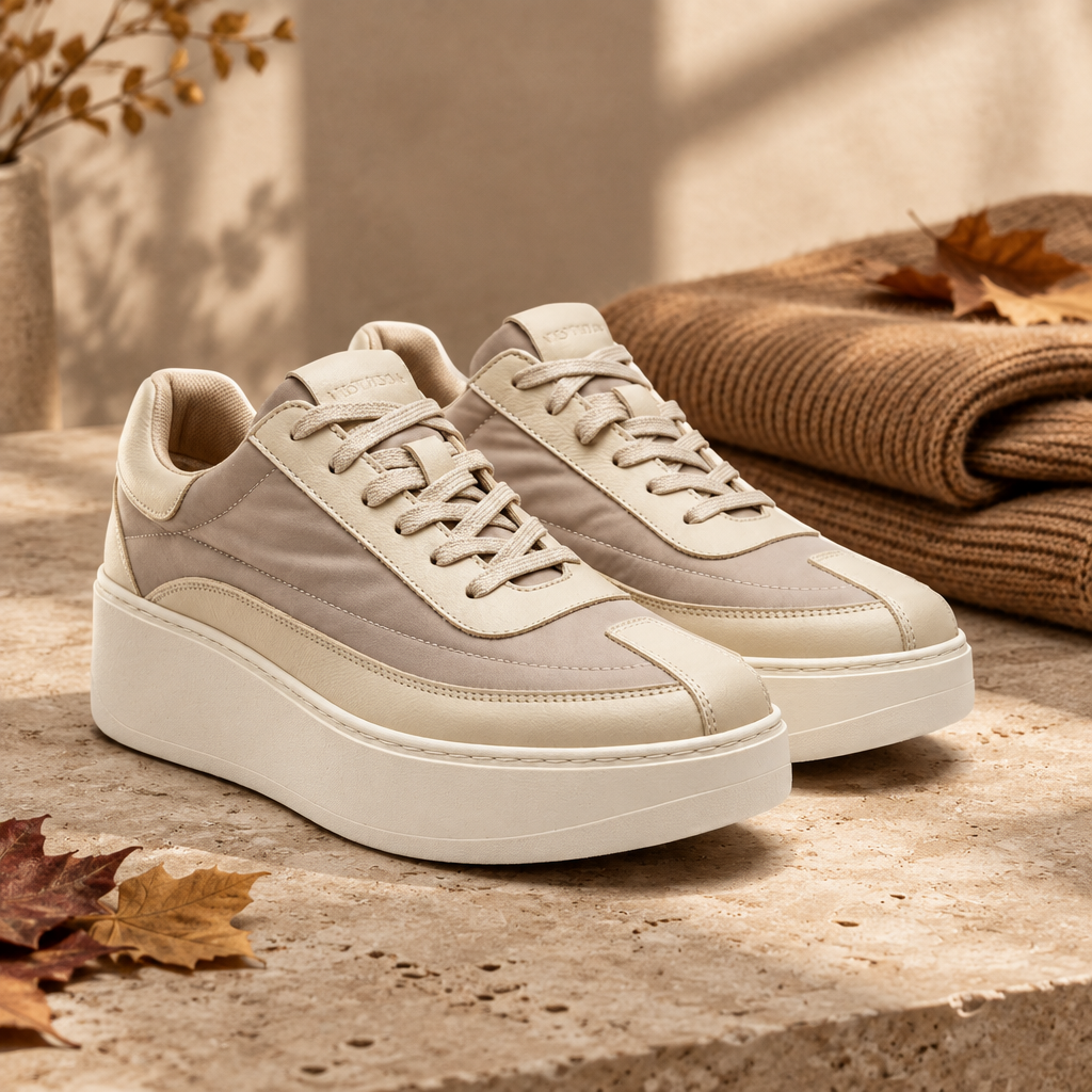 Editorial produktbild med varm beige styling