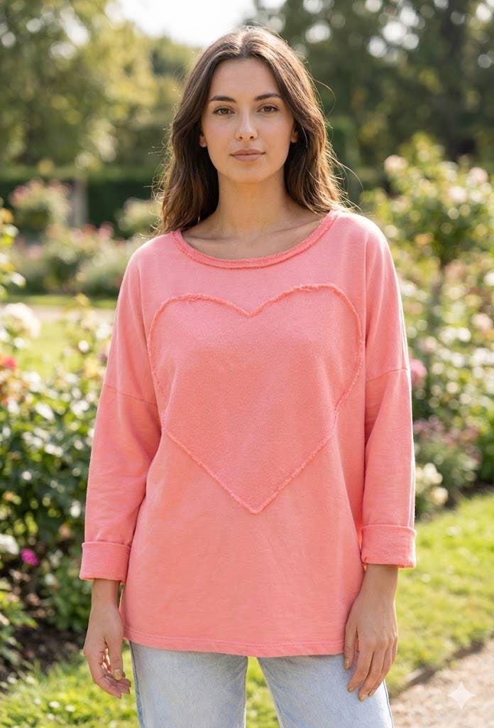 Långärmad Tröja med Mjukt Hjärtmotiv - Korall