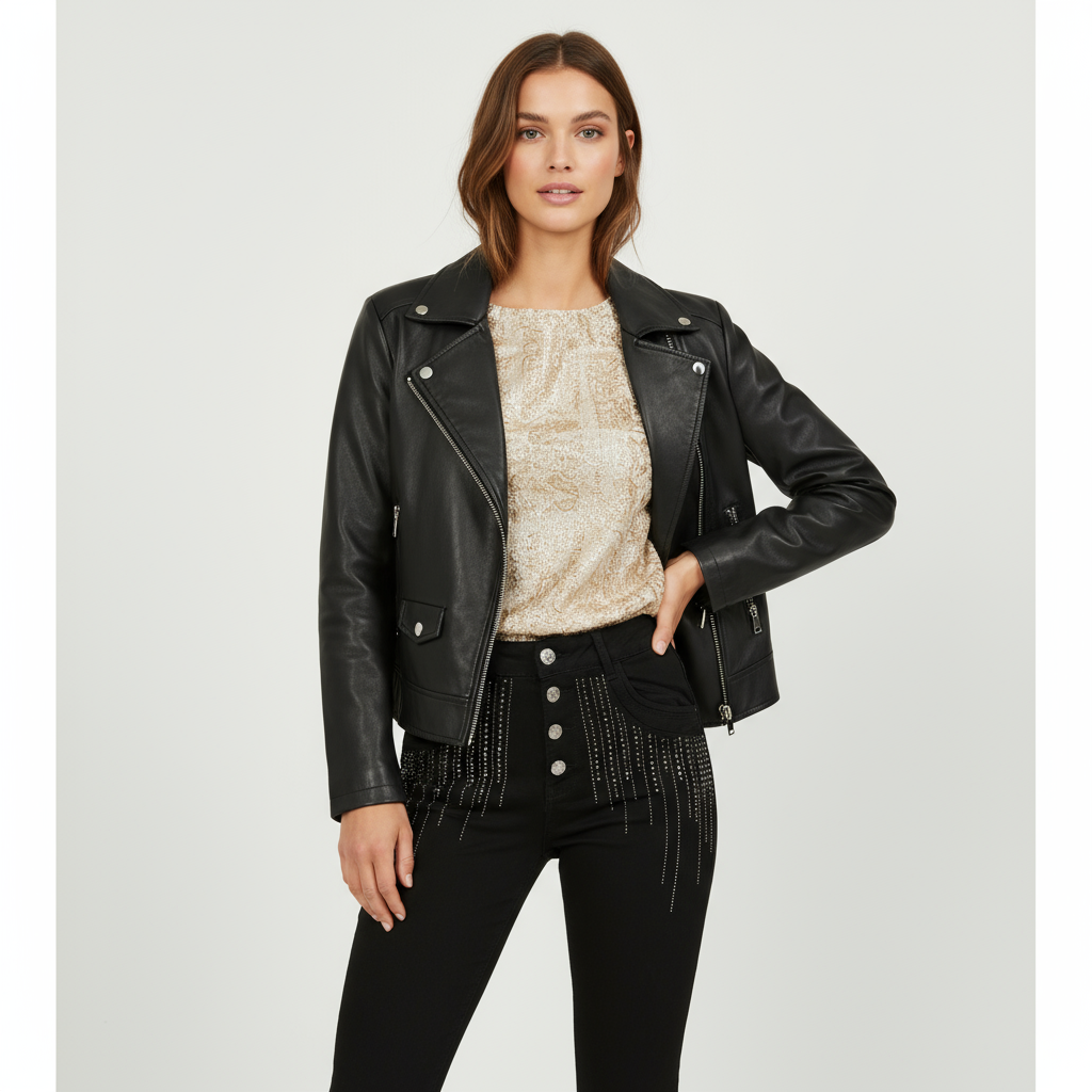 Emma 2680-1 Jeans stylingbild med festtopp och skinnjacka