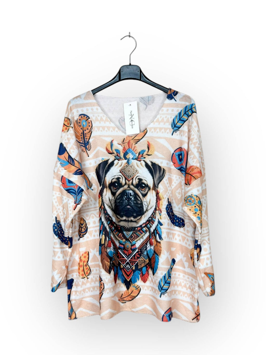 Mönstrad V-ringad tröja - hund -indian - multi