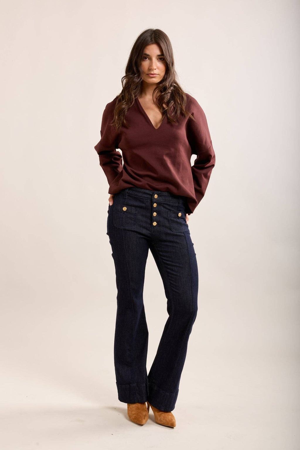 Toxik3 jeans med utsvängda ben och gyllene knappar: Bleu jean brut / 38