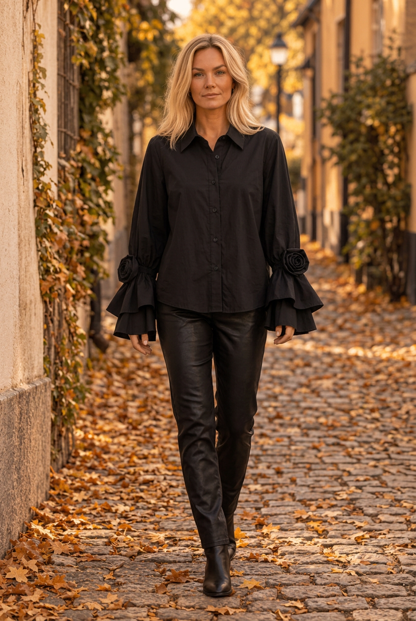 Gående modell med svart skjorta med rosdetaljer