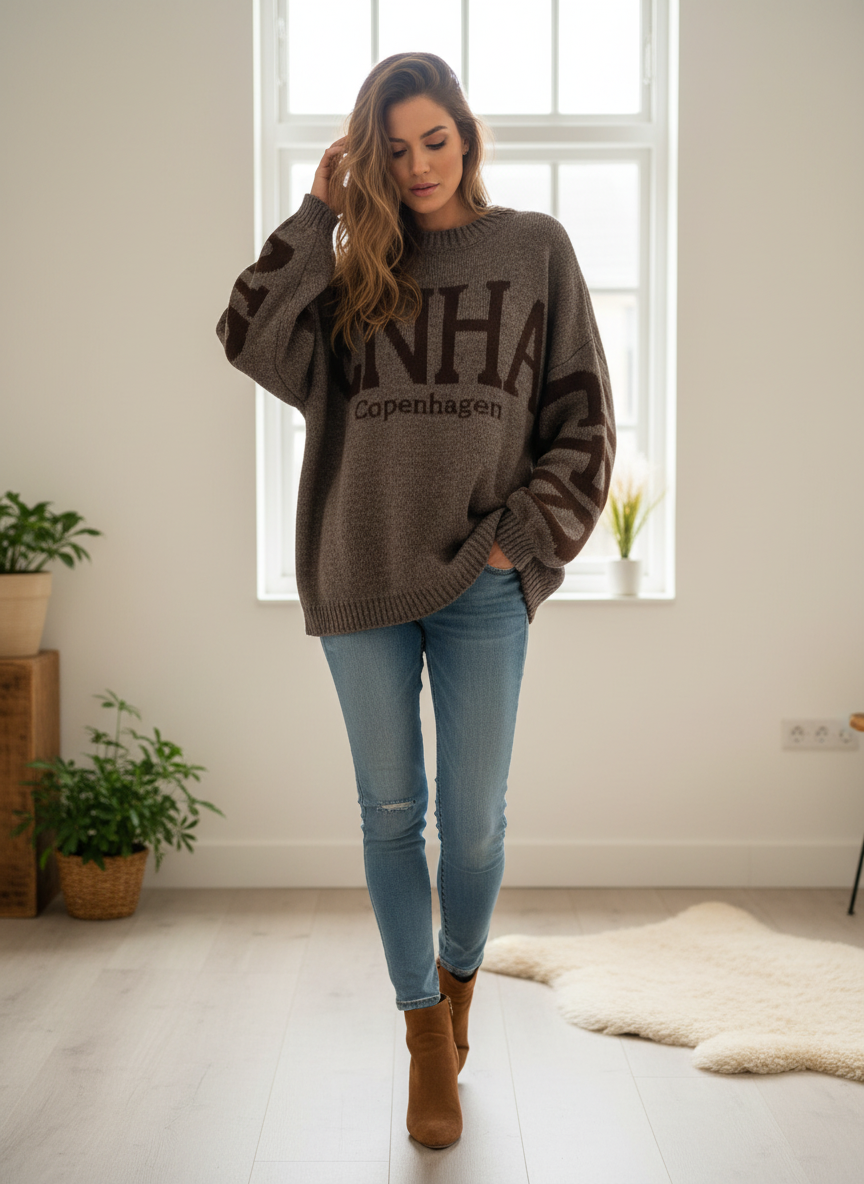 Helbild med oversized stickad tröja