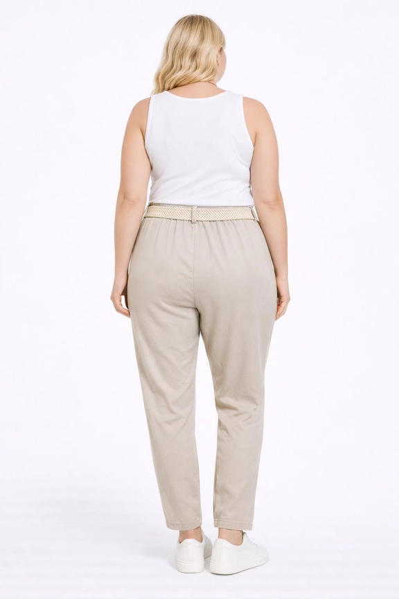 Beige Bältebyxor med Elastisk Midja - Eleganta Viskosbyxor