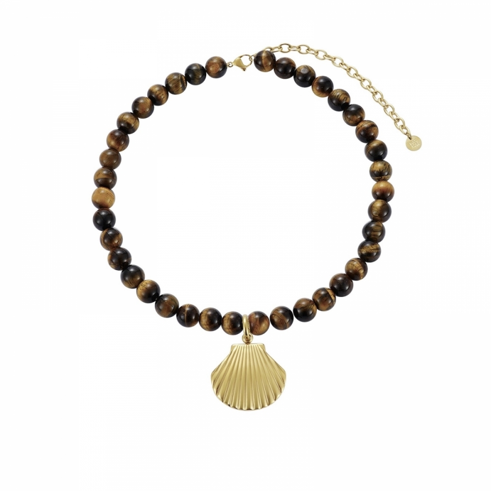 Halsband Tigeröga med Snäcka - Natursten med gulddetaljer