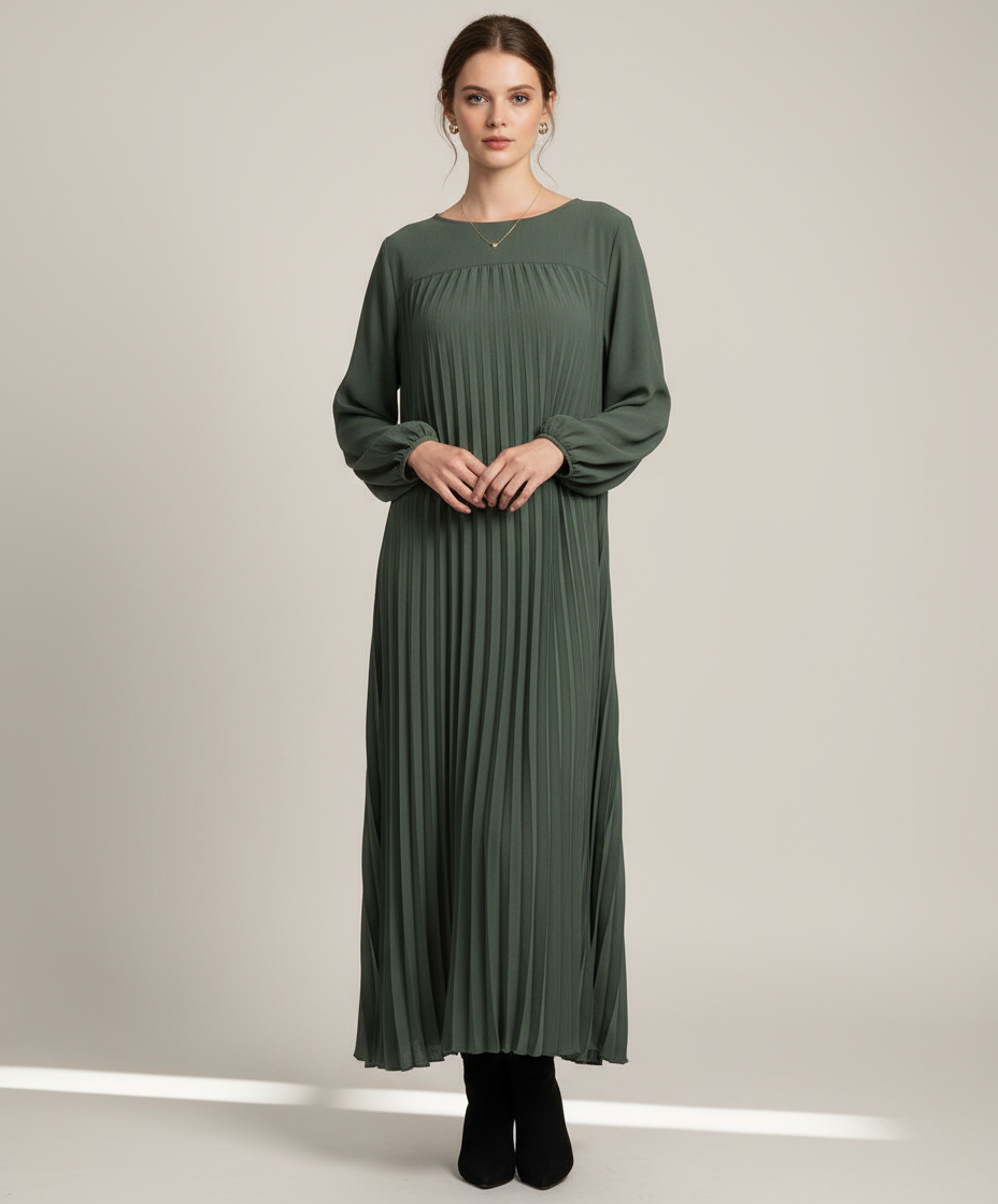 Plisserad klänning i grön