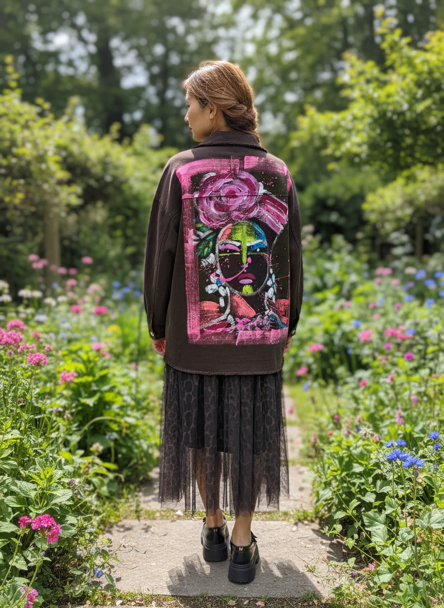 Handpainted Frida Style jacket - dark maroon