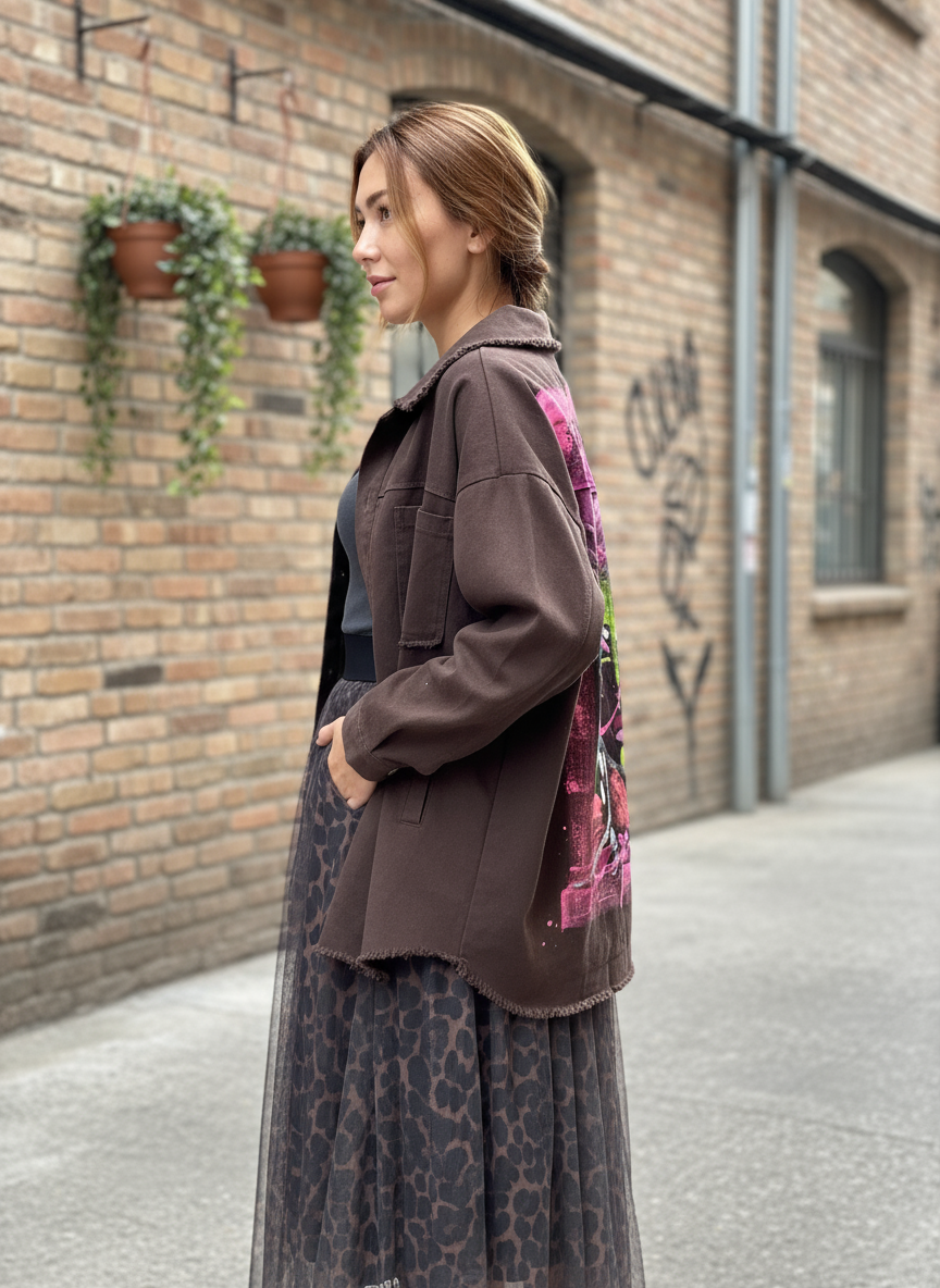 Handpainted Frida Style jacket - dark maroon