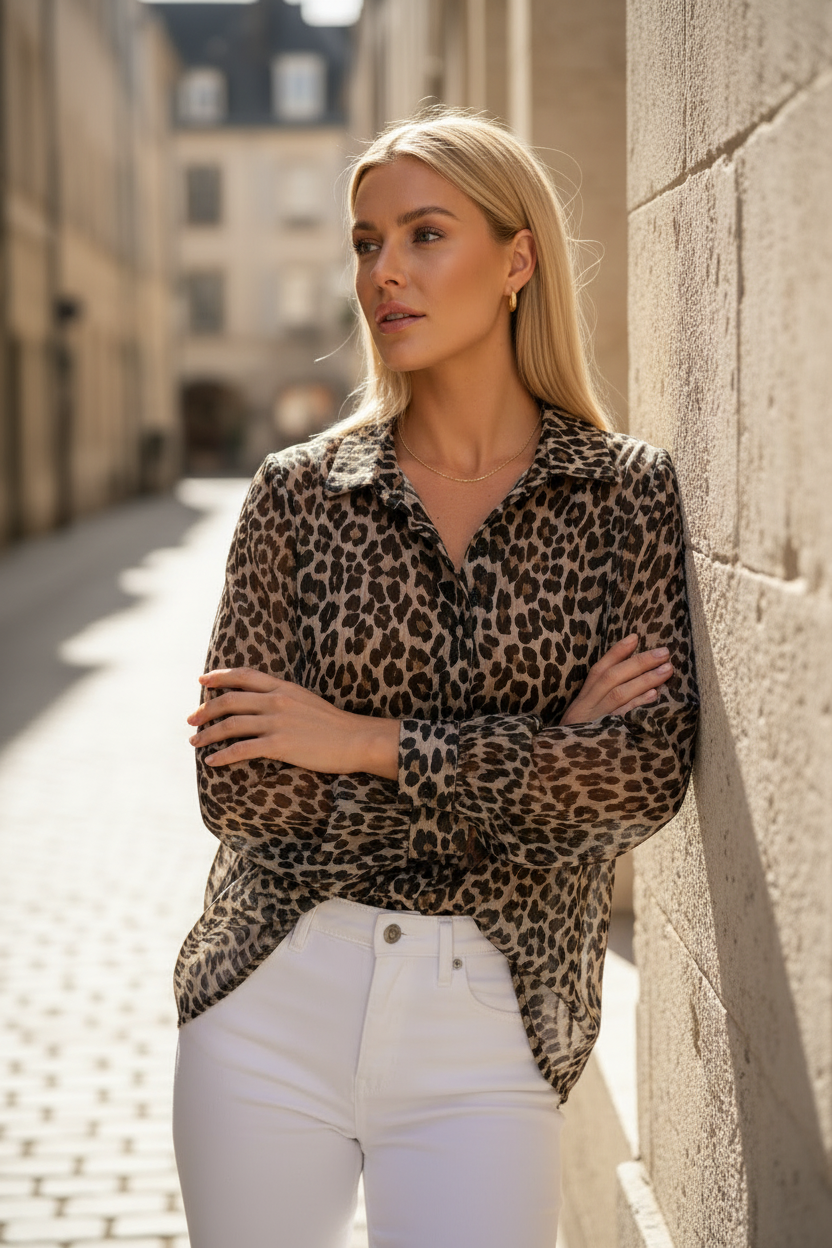 Leopardblus — lutad mot vägg