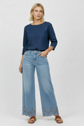 Ljusare denim blå wide-leg jeans med brodyr