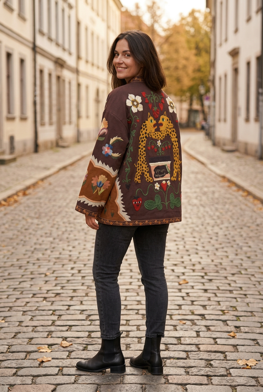 Mörkhårig modell med leopardmotivet bakifrån